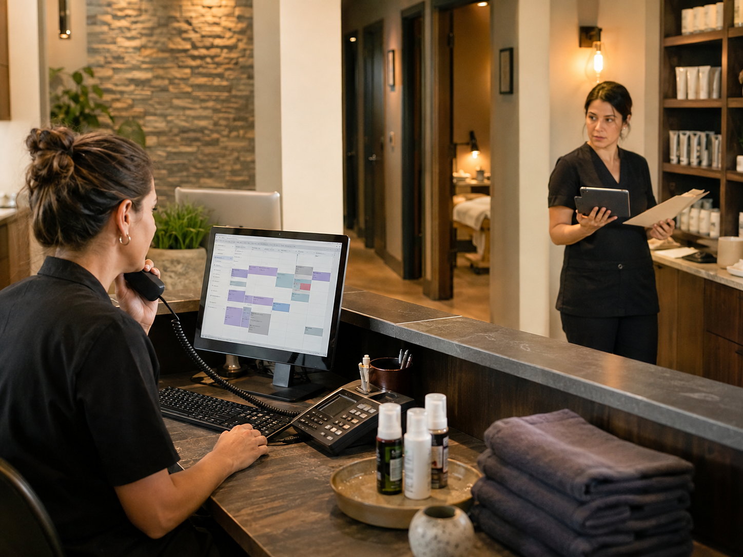 A customer list on screen, a separate desk phone, and the same details copied into a paper notebook